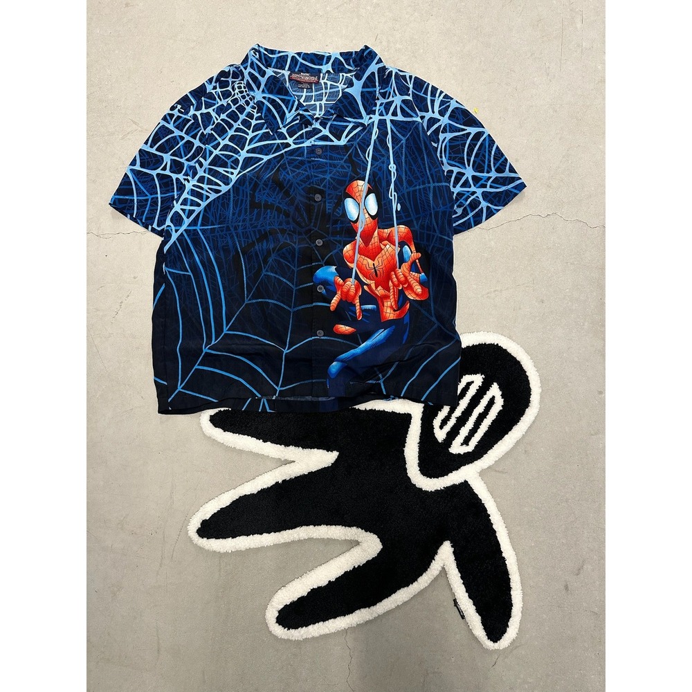 Marvel Spider‎ Man Hawaiian Shirt Mens Blue Graphic Button Up 2002 Size XL/XXL